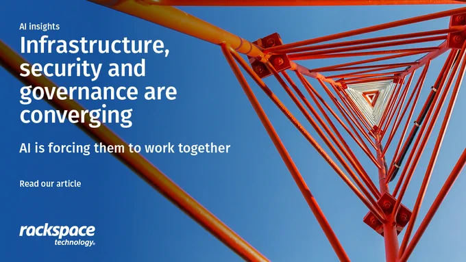 The image shows the inside structure of a red and white telecommunications tower, looking upwards. The sky is clear and blue. Text reads: "AI insights: Infrastructure, security and governance are converging. AI is forcing them to work together. Read our article." The Rackspace Technology logo is at the bottom left.