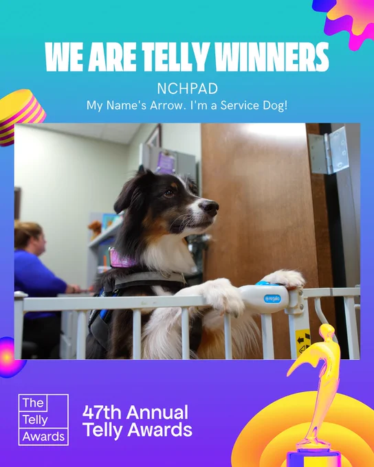 An image of Arrow, service dog to NCHPAD's Dr. Meghan Mills, in the middle of a colorful graphic. The graphic announces NCHPAD as a Telly Award winner at the 47th Annual Telly Awards.