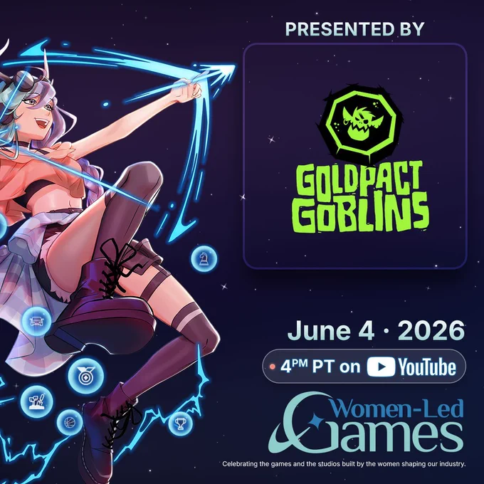A Women-Led Games promotional graphic advertising Goldpact Goblins as a presenter for this year's Summer Game Fest Edition event on June 4, 2026 at 4 PM PT.