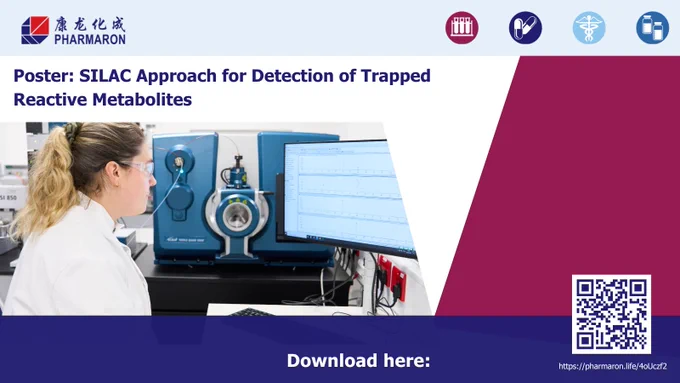 Scientist analyzes data on dual monitors beside mass spectrometer, showcasing SILAC method for detecting trapped reactive metabolites.