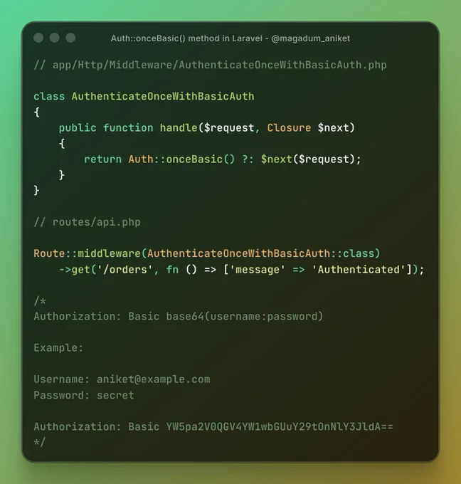 Auth::onceBasic() method in Laravel