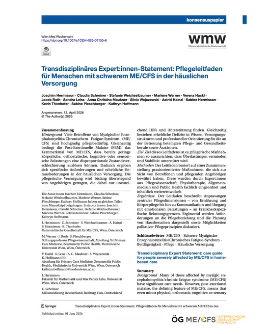 Screenshot der Titelseite eines in der Wiener Medizinischen Wochenschrift veröffentlichten Konsensuspapiers mit dem Titel „Pflegeleitfaden für Menschen mit schwerem ME/CFS in der häuslichen Versorgung“. Sichtbar sind Titel, Autor:innenliste, WMW-Logo sowie das Logo der Österreichischen Gesellschaft für ME/CFS.
