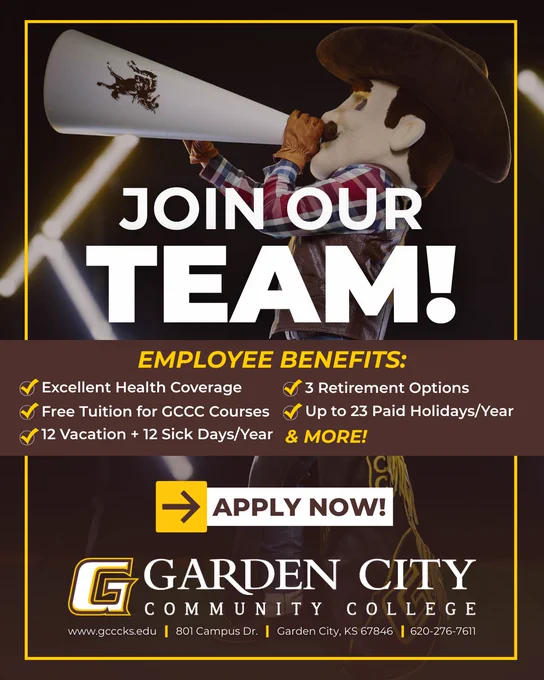 Mascot with megaphone promoting Garden City Community College job openings and employee benefits.
