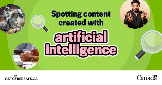 Images that have been created with artificial intelligence and magnifying glass emojis. Image text: Spotting content created with artificial intelligence