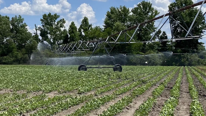 An image of a center pivot irrigation system spraying water onto a green soybean field with trees in the background.  