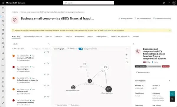 Incident page showing automatic attack disruption (image Microsoft)