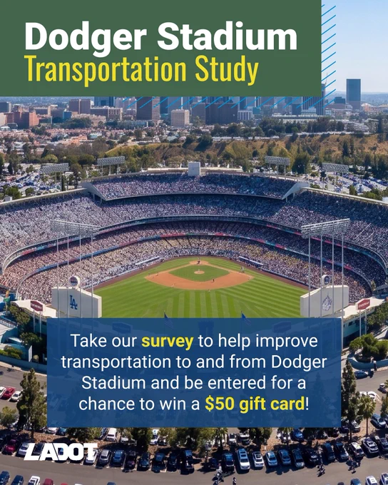 Aerial view of Dodger Stadium filled with fans during a baseball game, promoting a transportation study survey with a $50 gift card incentive.