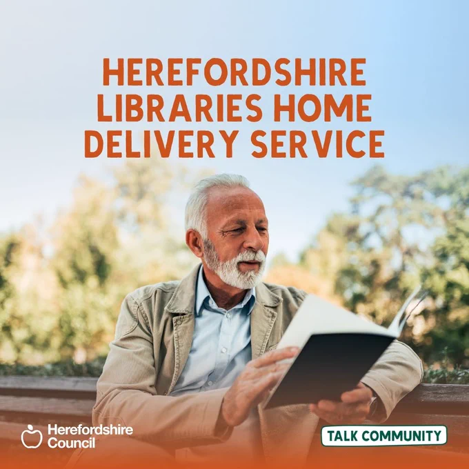 Herefordshire Libraries Home Delivery Service advert featuring an older man reading a book outdoors.