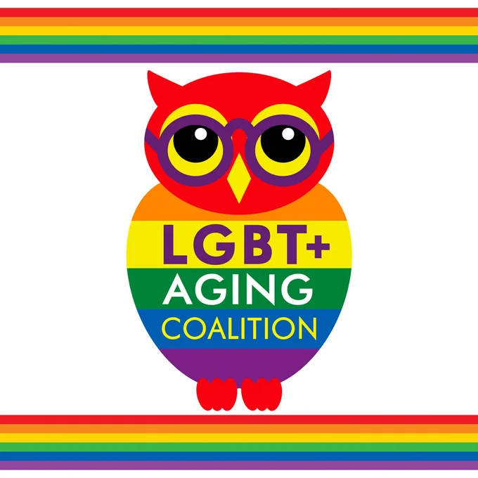 LGBT  Aging Coalition of Ventura County logo (rainbow owl) with two other rainbow stripes at top and bottom.