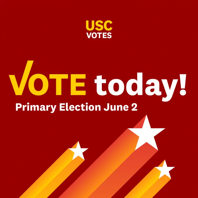 Red graphic with the text "USC Votes" at the top and "Vote today! Primary Election June 2" in bold white and yellow letters. Three orange and yellow stripes with white stars are at the bottom.