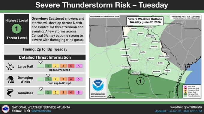 On the left, forecast details. On the right, a map of the severe weather outlook for the day.