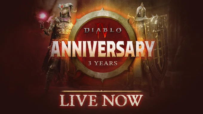 A Diablo IV Warlock and Paladin stand on opposite sides of a large, golden circular emblem. The Warlock wears a horned helmet and ornate dark armor while levitating a glowing pink orb. On the other side stands the Paladin wearing golden armor while holding an enormous engraved shield. Inside the center emblem, text reads: \u201CDiablo IV. Anniversary. 3 Years.\u201D Below the emblem, large text reads: \u201CLive Now.\u201D