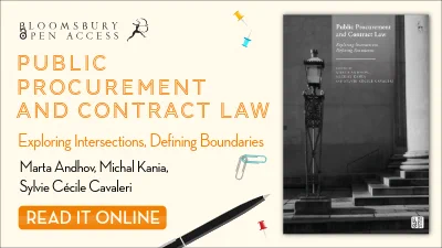 Banner for an Open Access book titled 'Public Procurement and Contract Law' by Marta Andhov, Michal Kania, and Sylvie Cécile Cavaleri. The image includes various office items like a paperclip, pen, and push pins around the book cover. A "Read It Online" button is shown.