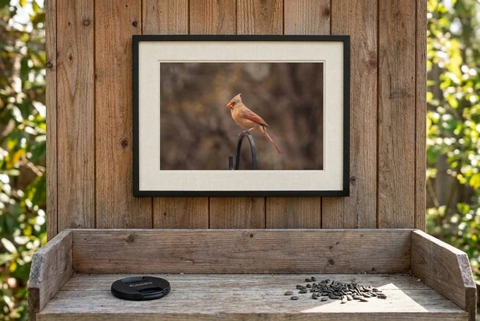  A unique minimalist outdoor mockup featuring a black-framed print of a female Northern Cardinal perched on a black metal shepherd's hook. The matted frame is mounted against a rustic, weathered vertical wood panel structure resembling a garden feeding station. On the rustic wooden ledge below sits a black Canon camera lens cap next to a small pile of scattered black oil sunflower seeds, surrounded by soft green foliage.