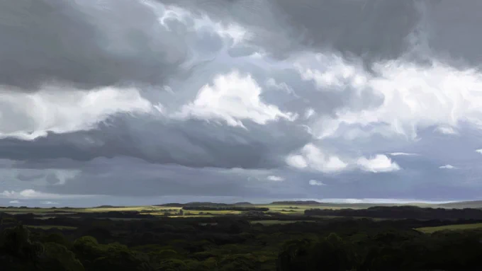Digital painting of a landscape of sprawling plains under an overcast sky. There are sunlit fields in the distance, turning into dark woods closer to the foreground. The sky is dark, layered, with white clouds standing out against it and glowing brightly, jagged edges and feathery bits escaping all over.