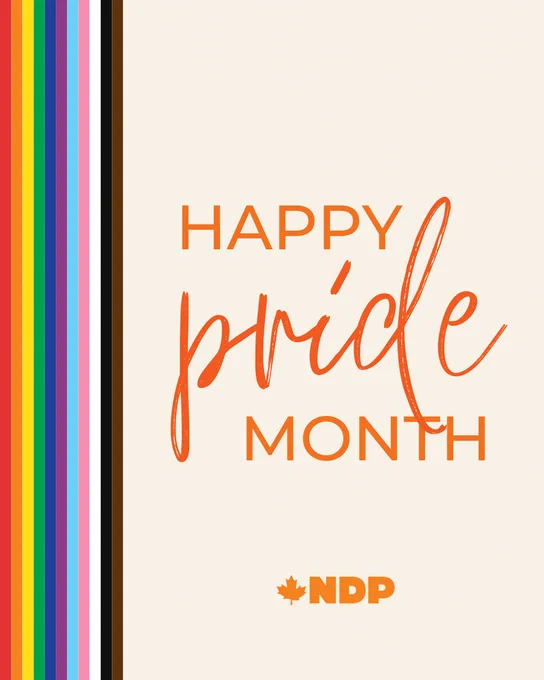 Graphic celebrating Pride Month. A white background reading: "Happy Pride Month" with a vertical rainbow stripe border running on the left handside. The NDP logo appears at the bottom.