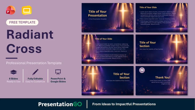 Radiant Cross PowerPoint and Google Slides template showing glowing cross visuals, gold beams, and presentation layouts.