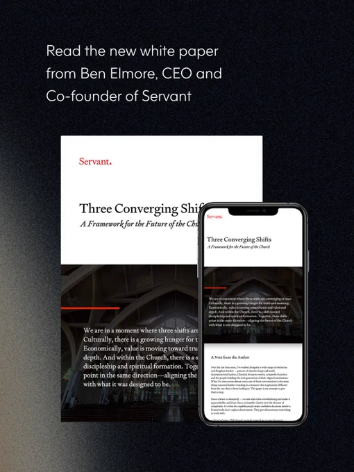 A promotional image for a white paper by Ben Elmore, CEO of Servant, featuring a phone and paper layout against a dark gradient background.