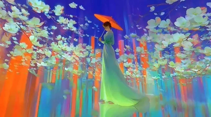 A vibrant and ethereal digital painting titled "In Painted Rain" portrays a woman in a flowing pale green gown holding a bright orange umbrella as she stands on a glossy reflective surface in the foreground. Large white flowers on overhanging branches with falling petals frame the top and sides. Vertical streaks of vivid orange, blue, purple, and red against a deep blue sky create a stylized painted rain effect in the background. The scene is rendered with glowing colors and soft luminous lighting.

