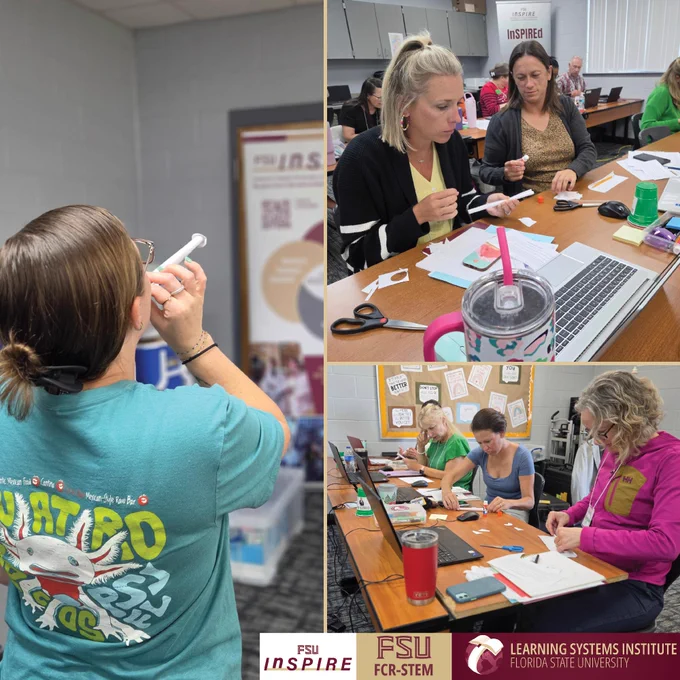 People are participating in a workshop. They are engaged in various activities such as writing and working on laptops at a table. The room is filled with papers, pens, laptops, and drinks. Logos for FSU, Learning Systems Institute, and FCR-STEM are visible.
