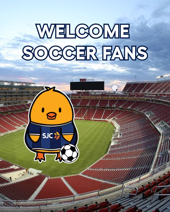 Cartoon SJC soccer chick standing in the center of Levi’s Stadium. Text says "Welcome Soccer Fans"
