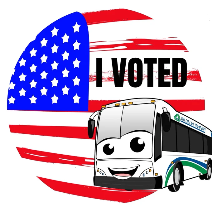 A flag sticker with "I Voted" on it and an image of a cartoon bus - Tommy Transit, the Tri Delta Transit mascot