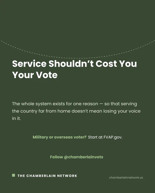 Dark green closing slide. Headline: "Service Shouldn't Cost You Your Vote." Text: "The whole system exists for one reason — so that serving the country far from home doesn't mean losing your voice in it." Calls to action read "Military or overseas voter? Start at FVAP.gov" and "Follow @chamberlainvets for the full explainer." Footer shows "The Chamberlain Network" and chamberlainnetwork.us.