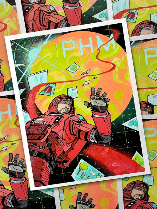 Illustration of Ryland Grace from Project Hail Mary. We see him space walking, suited in his red space suit. From this angle we see him from torso up, as he leans back and glances up at Tau Ceti (a green and orange planet) behind/above him, one of his arms raised up to help counterbalance himself.  Tau Ceti sits large and glorious, taking up most of the background. From behind Tau Ceti and coming towards us and under Grace is a ribbon of red, getting larger as it passes under Grace. This is the astrophage. On top left of Tau Ceti on it's horizon the gleam of another star shines over it. There are a bunch of papers surrounding Grace and fluttering along the astrophage line. They contain drawings from his students, motifs found on his quilt, papers he graded from his students and parts of his dissertation. 