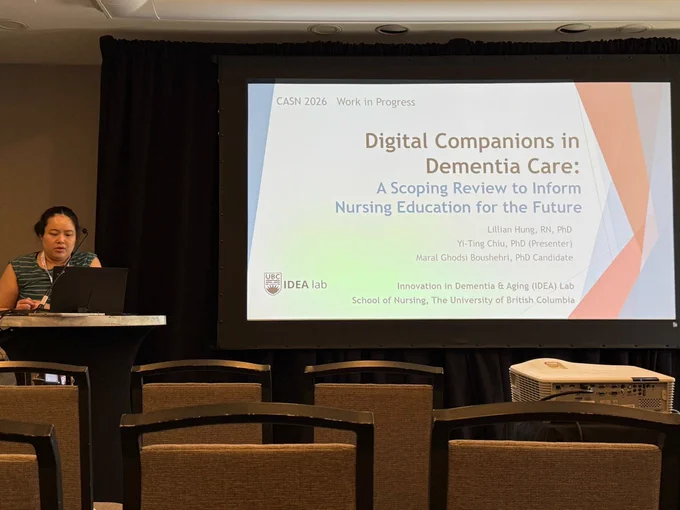 Postdoctoral fellow Dr. Yi-Ting Chiu presenting at the CASN/ACESI 2026 Biennial Canadian Nursing Education Conference. The presentation slide reads “Digital Companions in Dementia Care: A Scoping Review to Inform Nursing Education for the Future.”