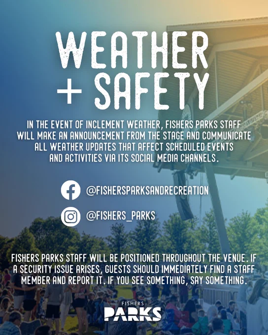 Flyer titled "Weather   Safety" from Fishers Parks. It explains that the staff will announce weather updates affecting events and activities via social media. Contact links: @FishersParksandRecreation and @Fishers_Parks. Instructions advise locating a staff member for security issues. Fishers Parks logo is at the bottom. An outdoor area with a stage structure is in the background.