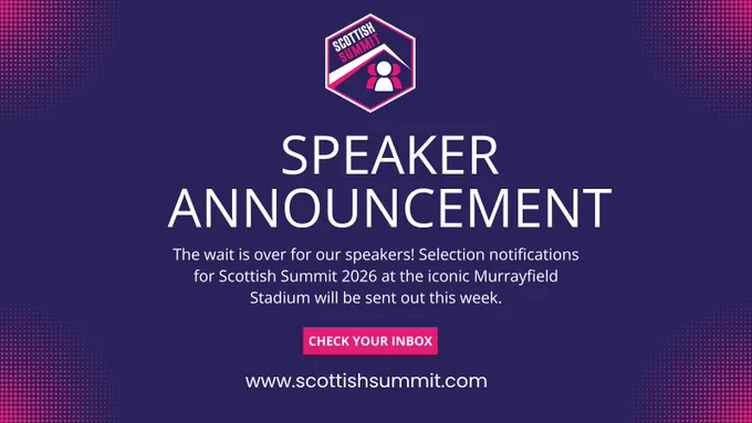 Social media social tiles promoting speaker announcement. Purple and pink brand colours.