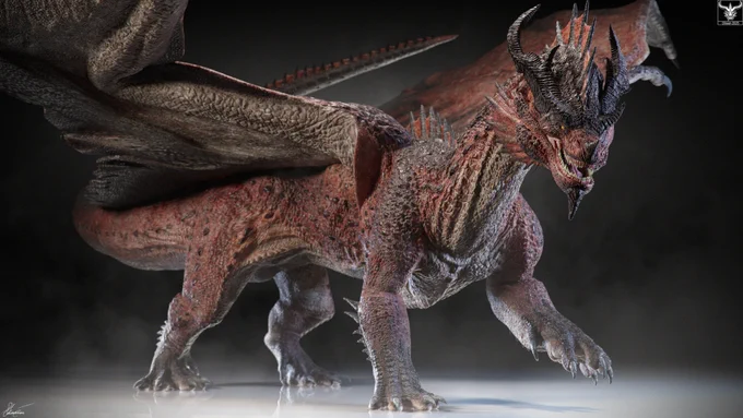 Close-up 3D render of a textured red dragon with black horns and spread wings, walking on the ground against a dark studio background.