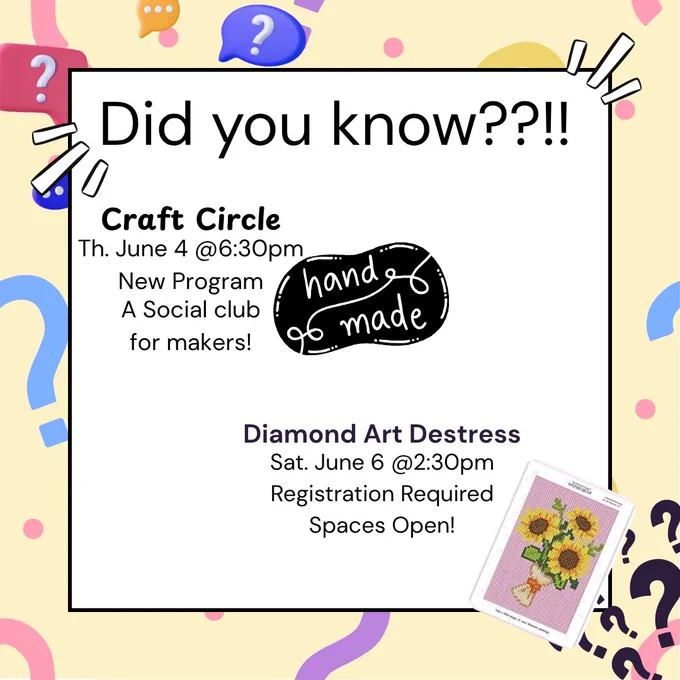 Image of Text stating, "Did you know??!!
Craft Circle Th. June 4 @6:30pm New Program A social club for makers! (graphic of text "hand made").
Diamond Art Destress Sat. June 6 @2:30pm Registration Required Spaces Open!"