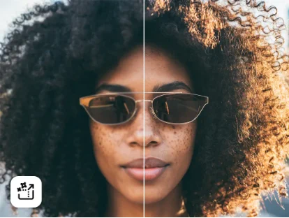A close-up of a woman with curly hair, freckles, and sunglasses, split vertically down the middle. The left half shows her in natural, dimmer light, while the right half is brightly illuminated with golden sunlight highlighting her hair and skin. A small expand icon is in the bottom left.