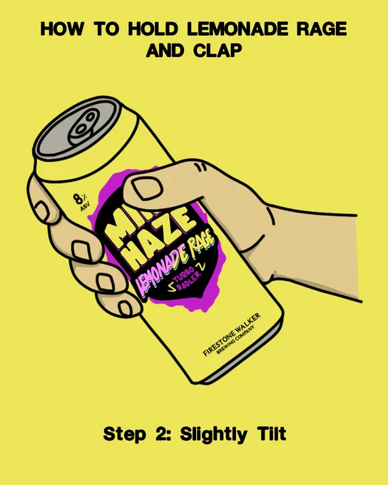 Cartoon illustration on a bright yellow background with the header "HOW TO HOLD LEMONADE RAGE AND CLAP." The same hand now tilts the Mind Haze Lemonade Rage can at an angle. Caption reads: "Step 2: Slightly Tilt."
