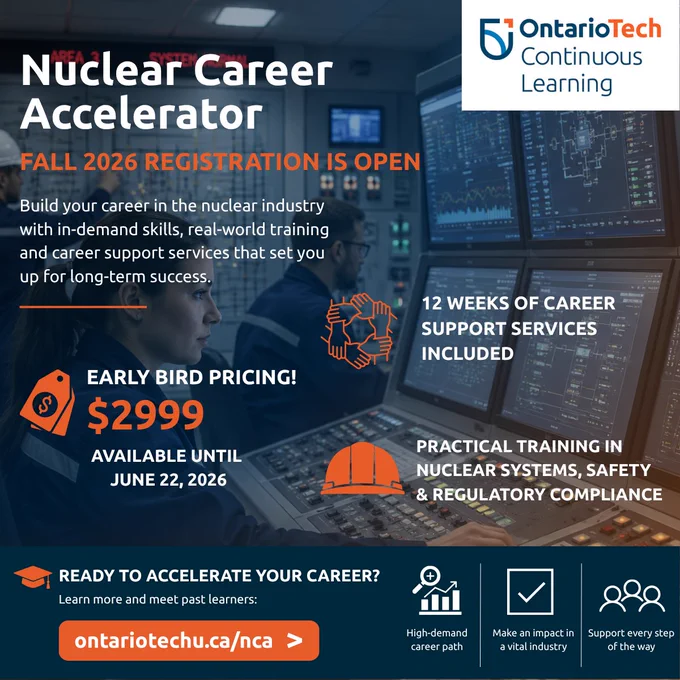 Advertisement for Ontario Tech's Nuclear Career Accelerator. Highlights early bird pricing, career support, and practical training.