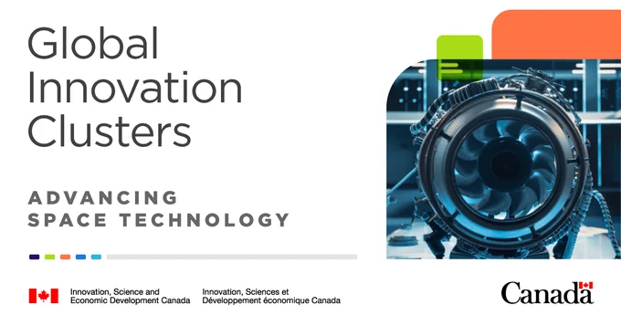 Engineer with a laptop examining a propulsion system. 
Text: Global Innovation Clusters. Advancing space technology.