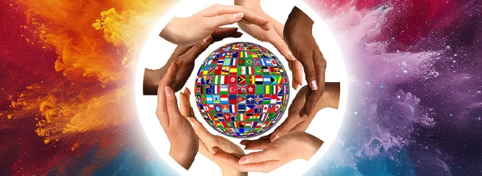 An illustration of several different hands holding together a globe comprised of flags from around the world.