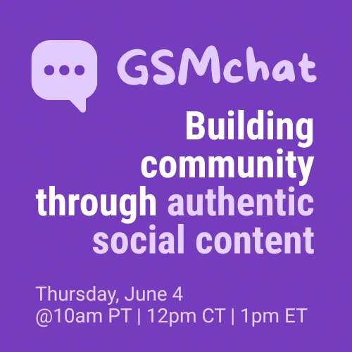 purple and white graphic advertising an upcoming government social media chat with text that says Building community through authentic social content on Thursday June 4  at 10 a.m. Pacific