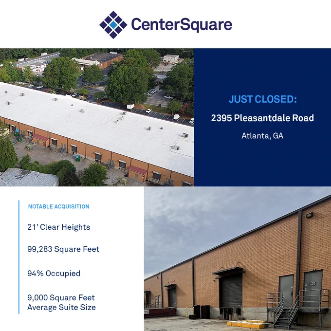 CenterSquare acquisition announcement featuring a light industrial warehouse property at 2395 Pleasantdale Road in Atlanta, Georgia. The layout includes an aerial photograph of the property and a ground-level image showing loading docks and warehouse entrances. Text highlights the acquisition details: 21-foot clear heights, 99,283 square feet, 94% occupied, and an average suite size of 9,000 square feet. A prominent banner states “Just Closed: 2395 Pleasantdale Road, Atlanta, GA,” alongside the CenterSquare logo.
