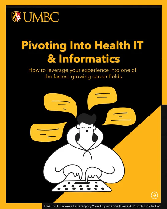 Graphic promoting a UMBC Paws & Pivot webinar titled “Pivoting Into Health IT & Informatics: How to leverage your experience into one of the fastest-growing career fields.” Features an illustration of a person typing at a keyboard with speech bubbles.
