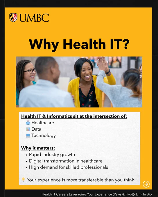 UMBC webinar slide titled “Why Health IT?” Explains that Health IT and Informatics combines healthcare, data, and technology, highlighting industry growth, digital transformation, and demand for skilled professionals.

