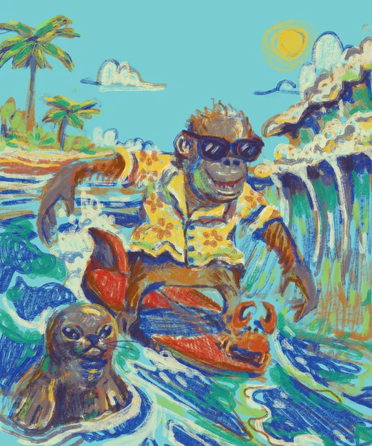 painting of an orangutan surfing wearing a floral shirt and sunglasses with a crab on the board next to him, a seal is admiring him