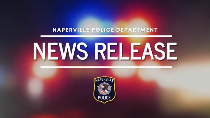 Naperville Police Department news release announcement with blurred emergency lights background.