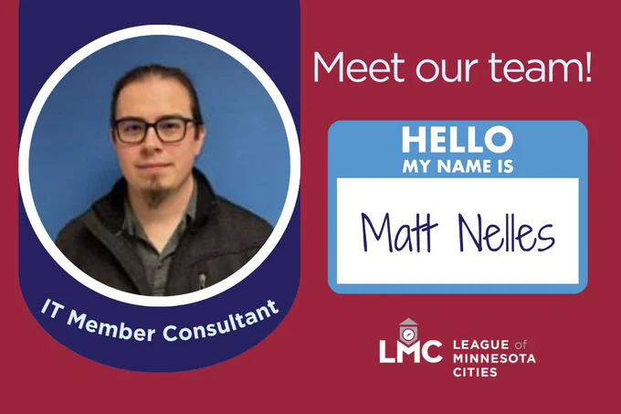 Portrait of an IT Member Consultant named Matt Nelles with a blue background and League of Minnesota Cities branding.
