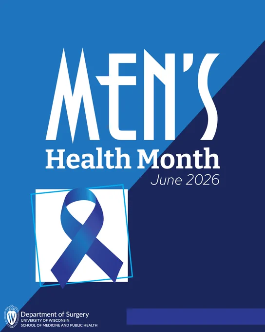 A blue graphic that says "Men's Health Month June 2026" with a blue ribbon and the Department of Surgery logo