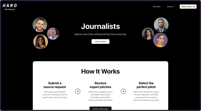 A sleek website layout features diverse individuals, emphasizing assistance for journalists in sourcing expert information.