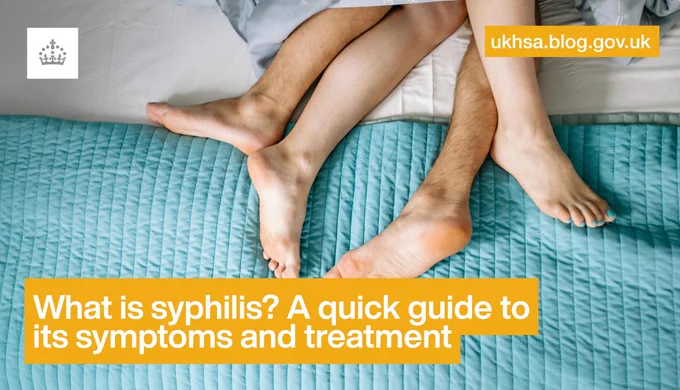 A couple with their feet intertwined over a teal duvet. The text overlaid reads: What is syphilis? A quick guide to its symptoms and treatment