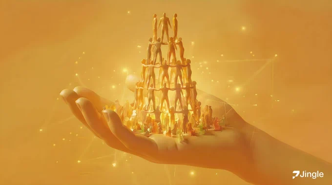 Hyperscale Pakistan by Jingle and Minutes Network. A golden digital illustration shows a growing human pyramid standing in an outstretched hand, symbolising network growth, scalability, user adoption, and expanding telecommunications reach. The image represents Jingle's major production expansion in Pakistan, where carrier-grade telecom infrastructure combines with Jingle's endpoint-driven model to increase international calling activity and network utilisation. Pakistan is one of the world's highest-value international voice markets and a key Minutes Network corridor. As new users join Jingle-enabled applications, more endpoints become reachable, generating additional call volumes, stronger network effects, increased traffic flows, and greater revenue opportunities across the ecosystem. The pyramid visualises the growth flywheel: more users, more calls, more network activity. Keywords: Jingle Pakistan, Minutes Network, Hyperscale, , international calling, telecom innovation, Jingle
