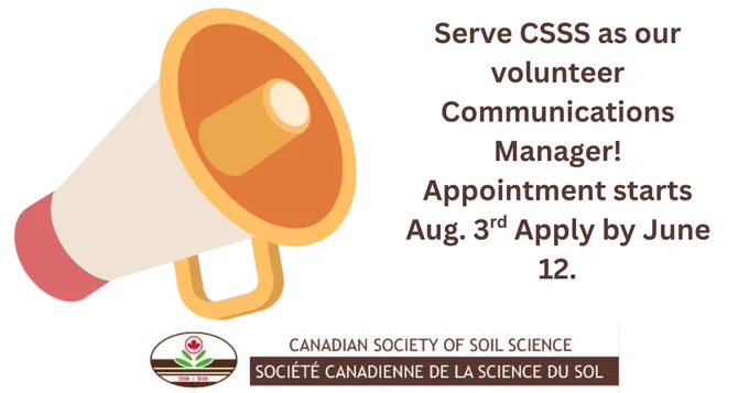 Graphic of bullhorn and CSSS logo. Text says “Serve CSSS as our volunteer Communications Manager! Appointment starts Aug. 3rd. Apply by June 12.”